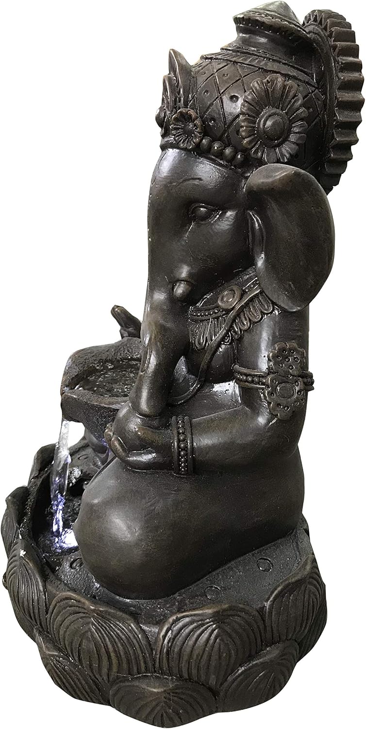 Hi-Line Gift Lord Ganesh Sculptural Tabletop Fountain with Cool White LED Lights Brown