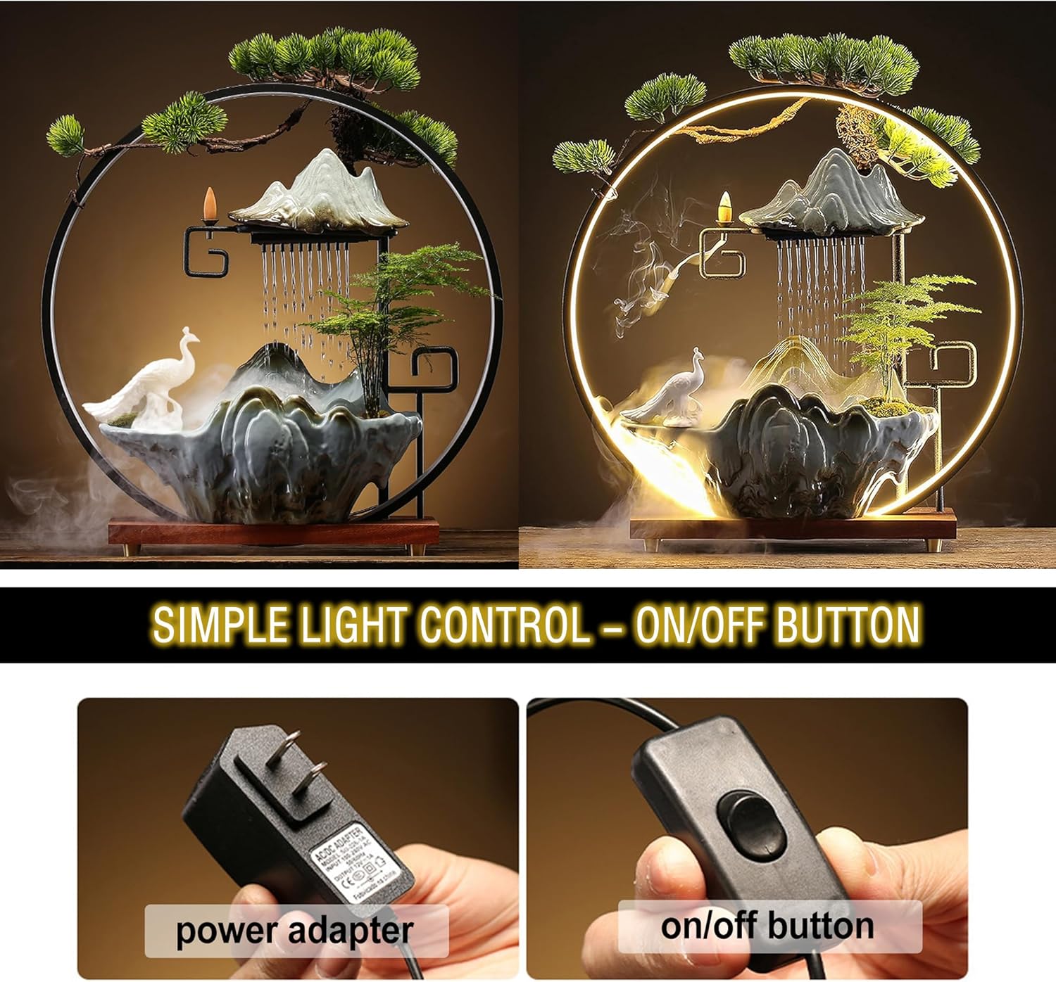 Ceramic Maitreya Buddha Incense Burner with LED Light and Waterfall Feature