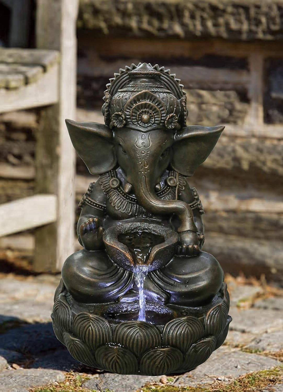 Hi-Line Gift Lord Ganesh Sculptural Tabletop Fountain with Cool White LED Lights Brown