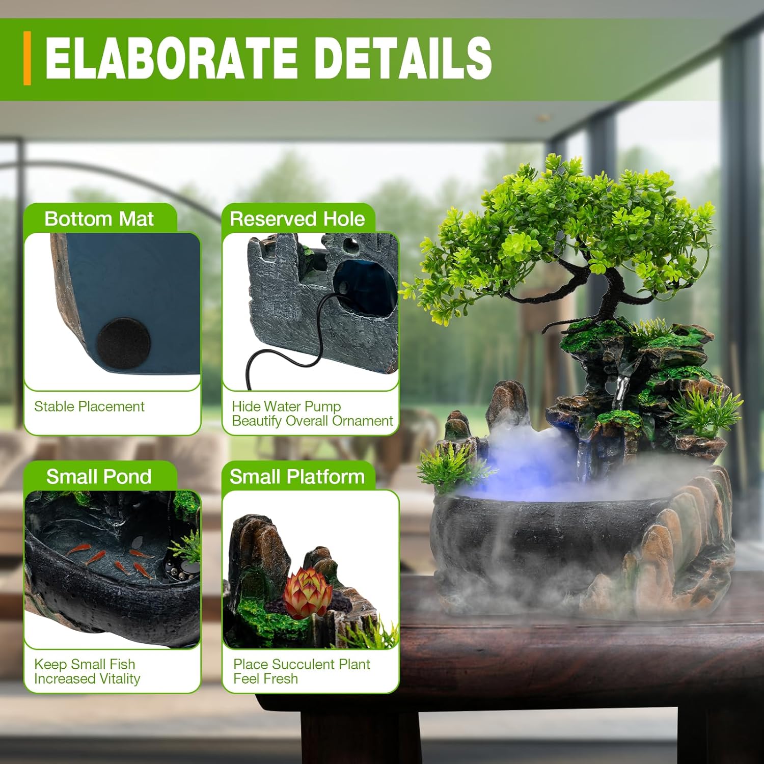 Indoor Rockery Fountain with LED Light and Atomizer