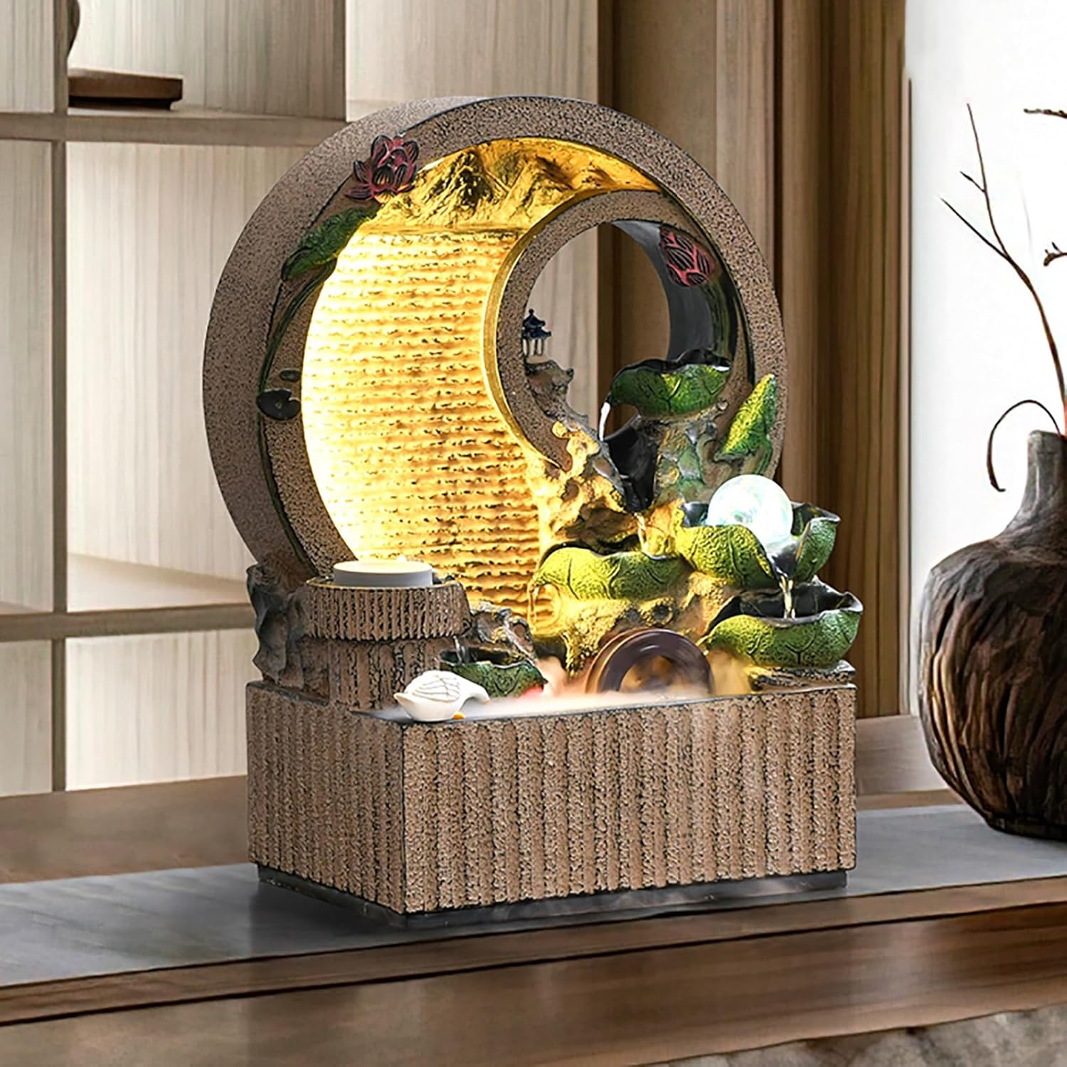 Tabletop Water Fountain with Lights for Home Office Decor
