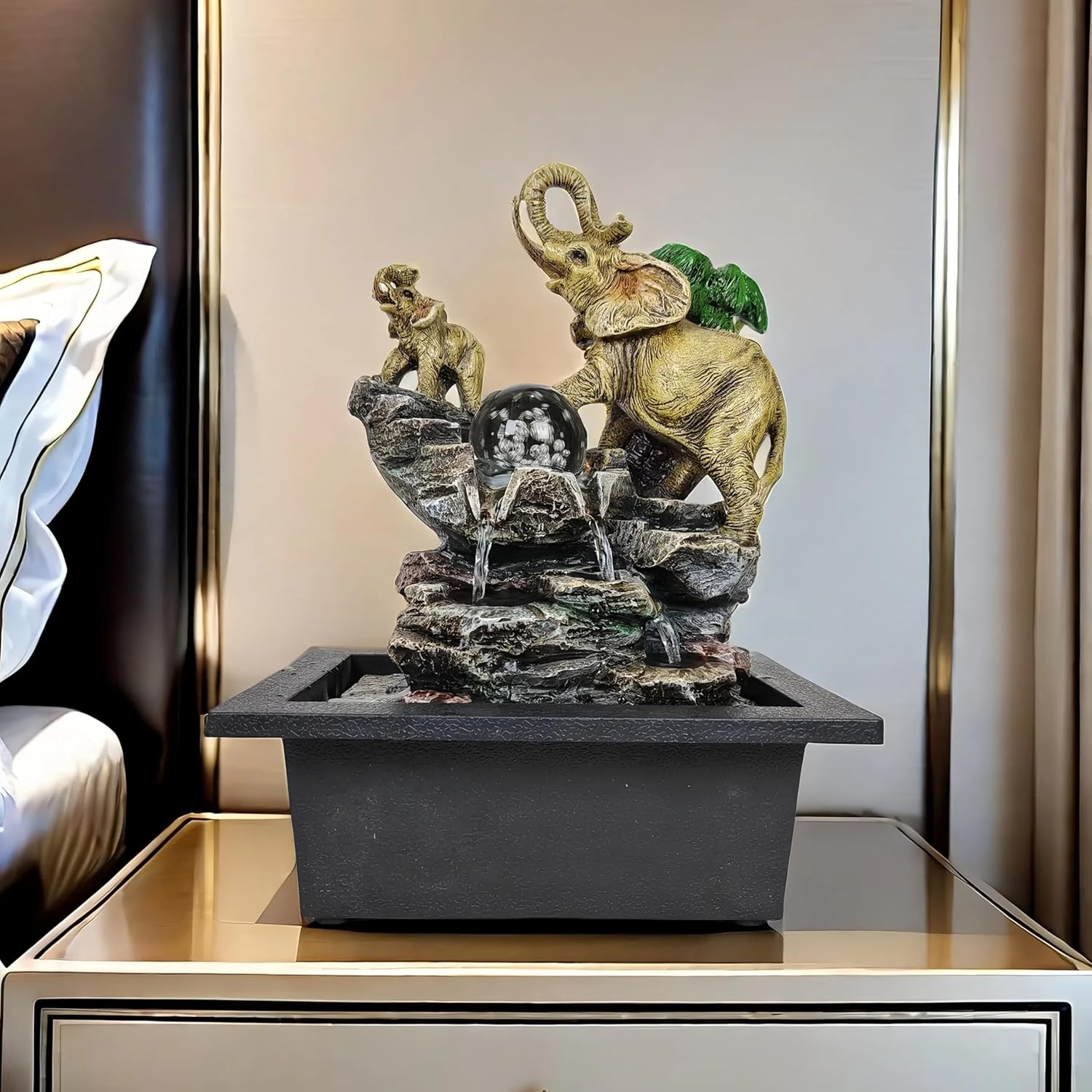 Decorative Elephant Cascade Tabletop Fountain with LED Light 3-Tier Design