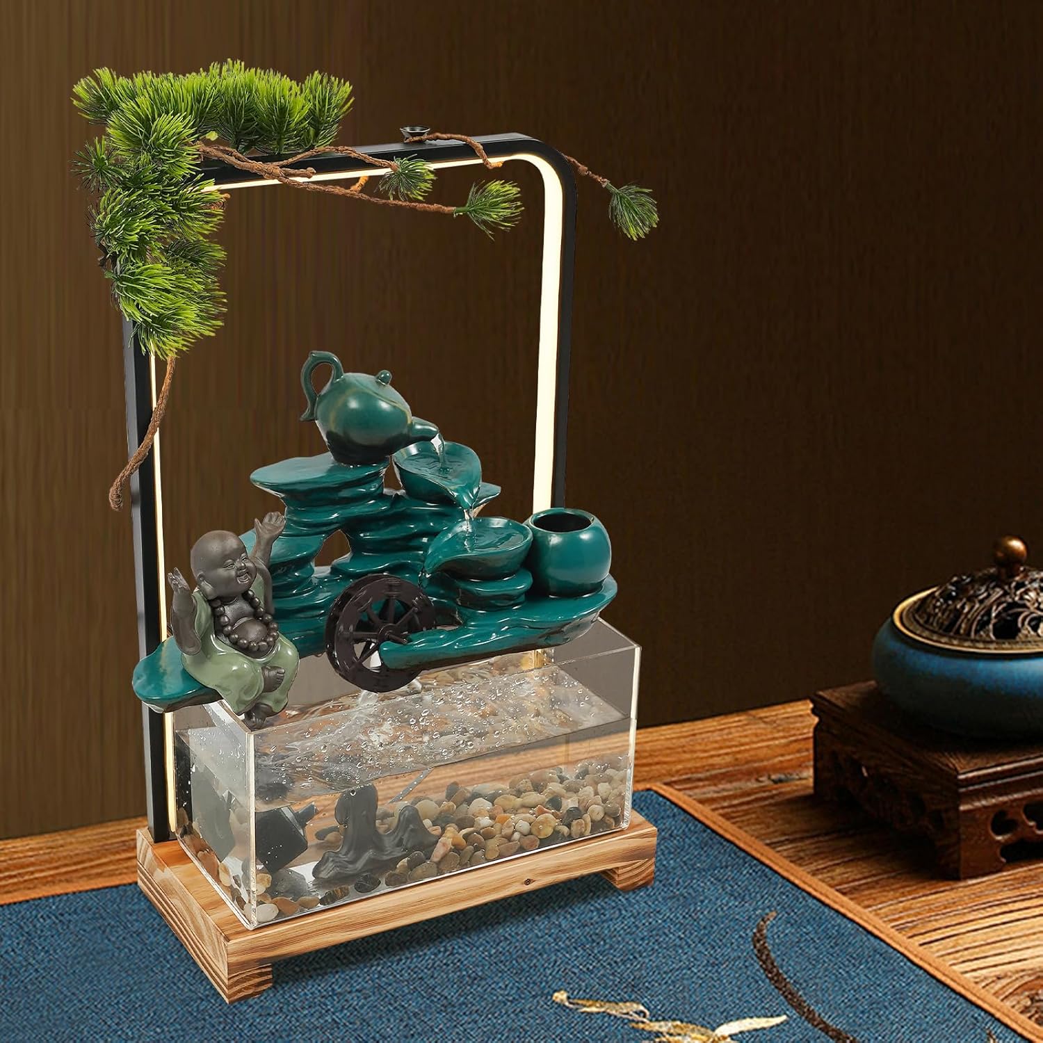 Eapmic Desktop Waterfall Fountain with Fish Tank and LED Light