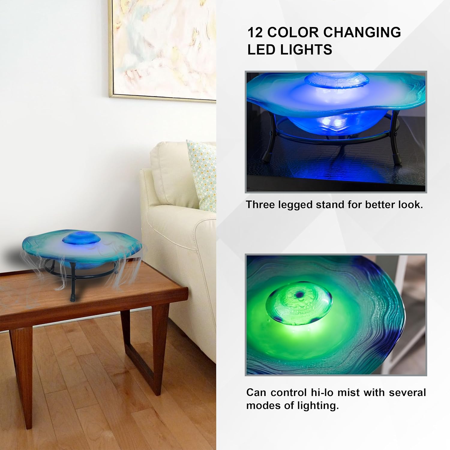 XBrand 8-Inch Tabletop Mist Fountain with 12 Color-Changing LED Lights and Inline Control