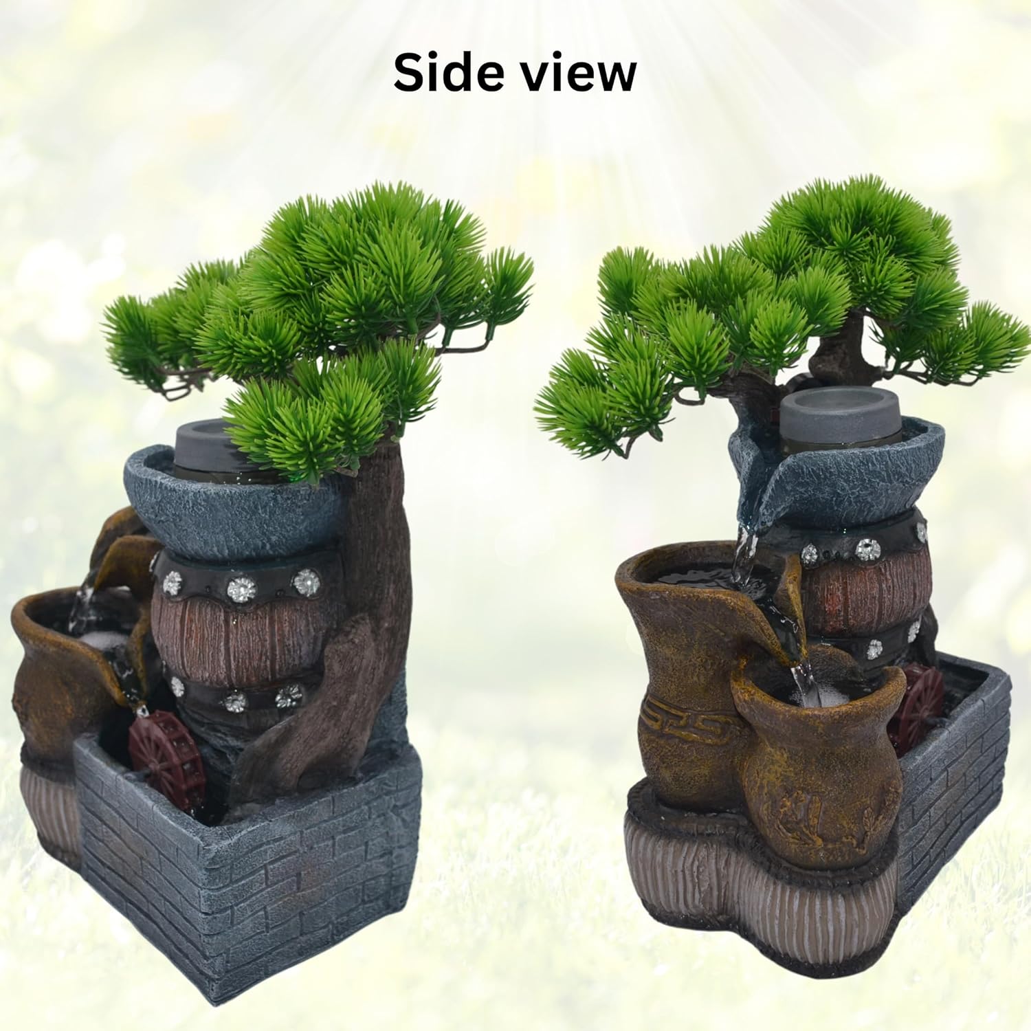 145 Inch Tabletop Water Fountain with Bonsai and 3 Tier Rock Garden