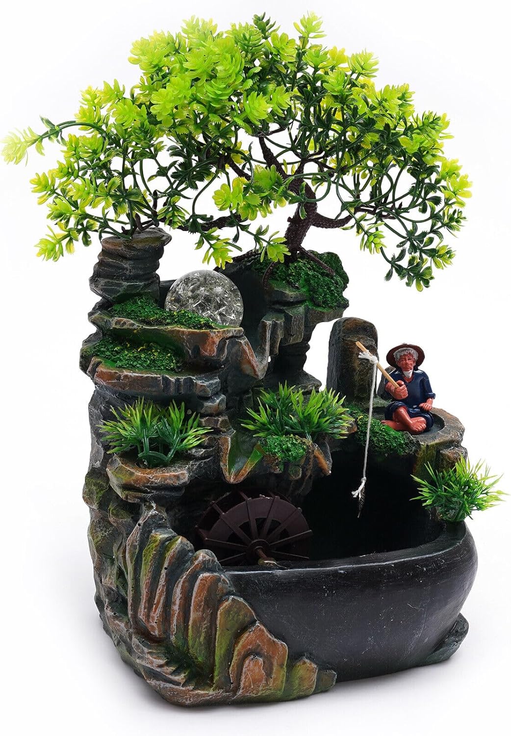 Tabletop Fountain with LED Light and Plants for Home Office and Bedroom