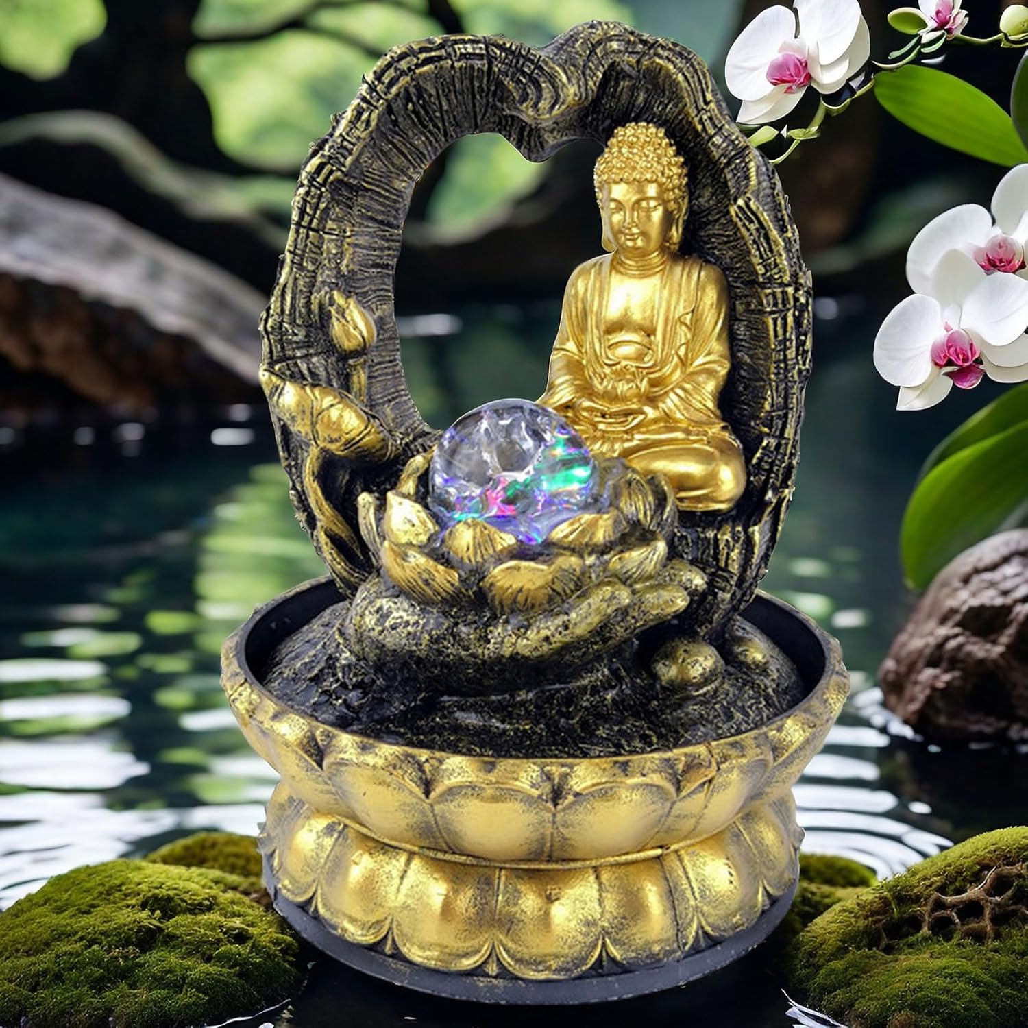Buddha Fountain with Light 12 Inch Tabletop Indoor Fountain for Living Room and Office
