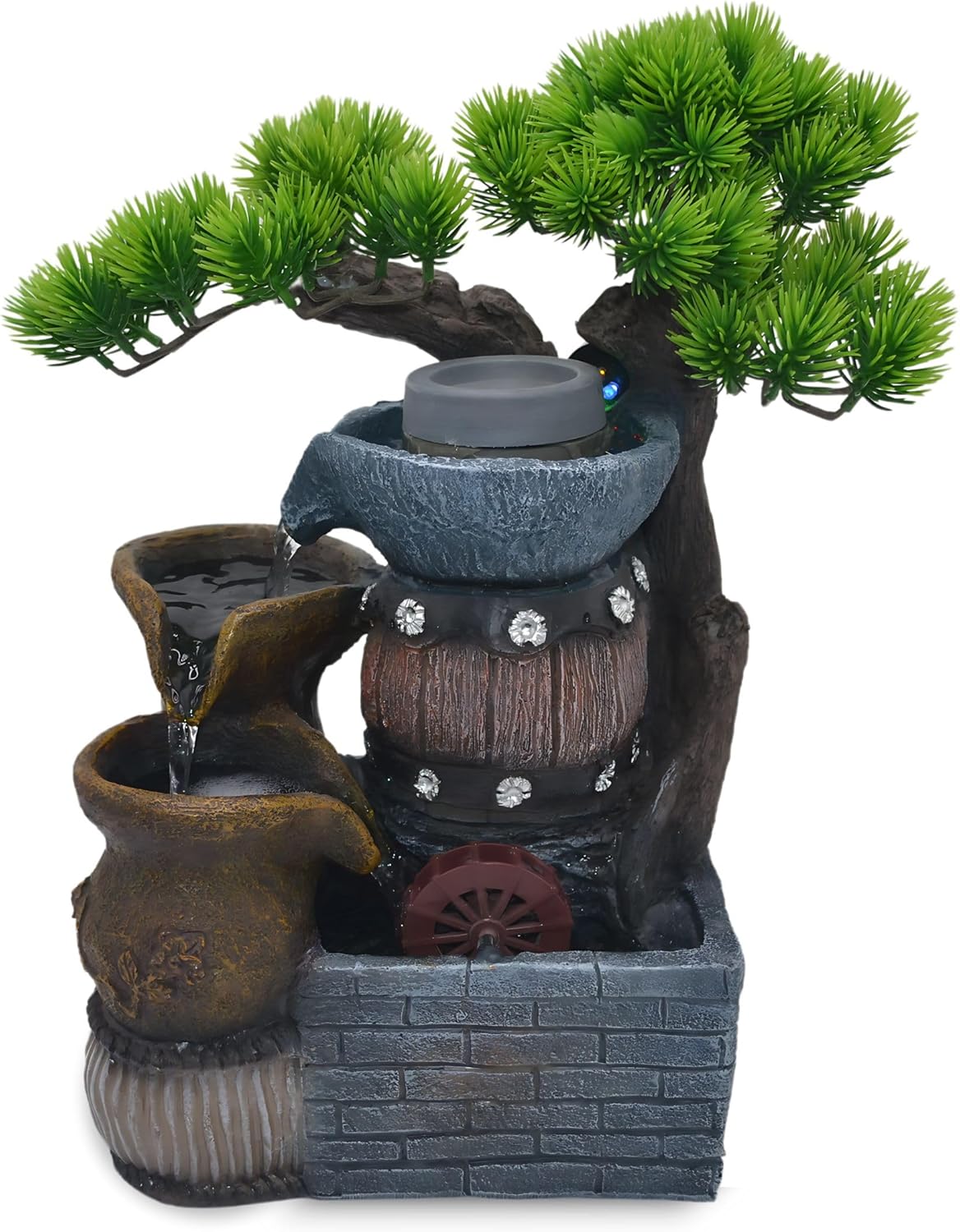 145 Inch Tabletop Water Fountain with Bonsai and 3 Tier Rock Garden