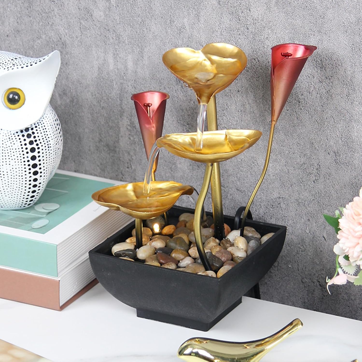 Lotus Leaf Water Fountain with LED Lights and Calla Lily Accents