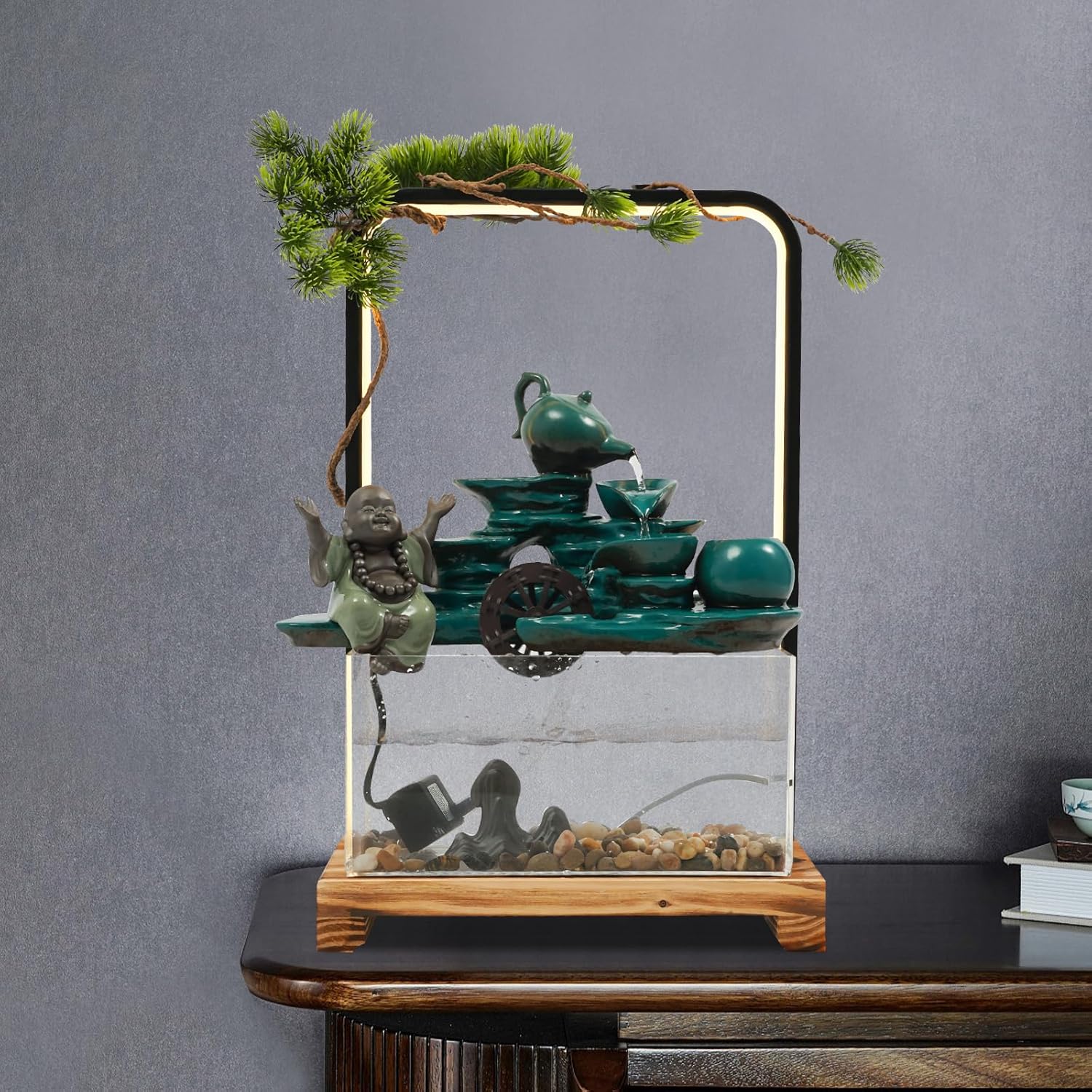 Eapmic Desktop Waterfall Fountain with Fish Tank and LED Light