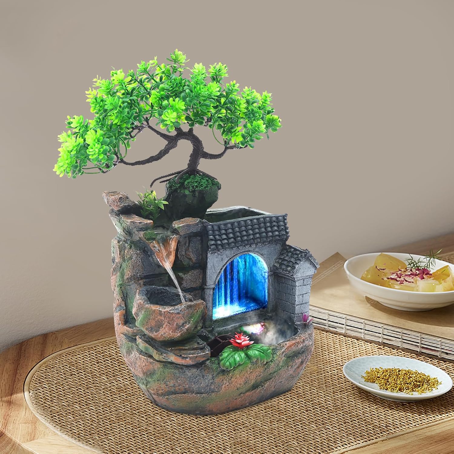 Tabletop Indoor Fountain with LED Light and Automatic Pump