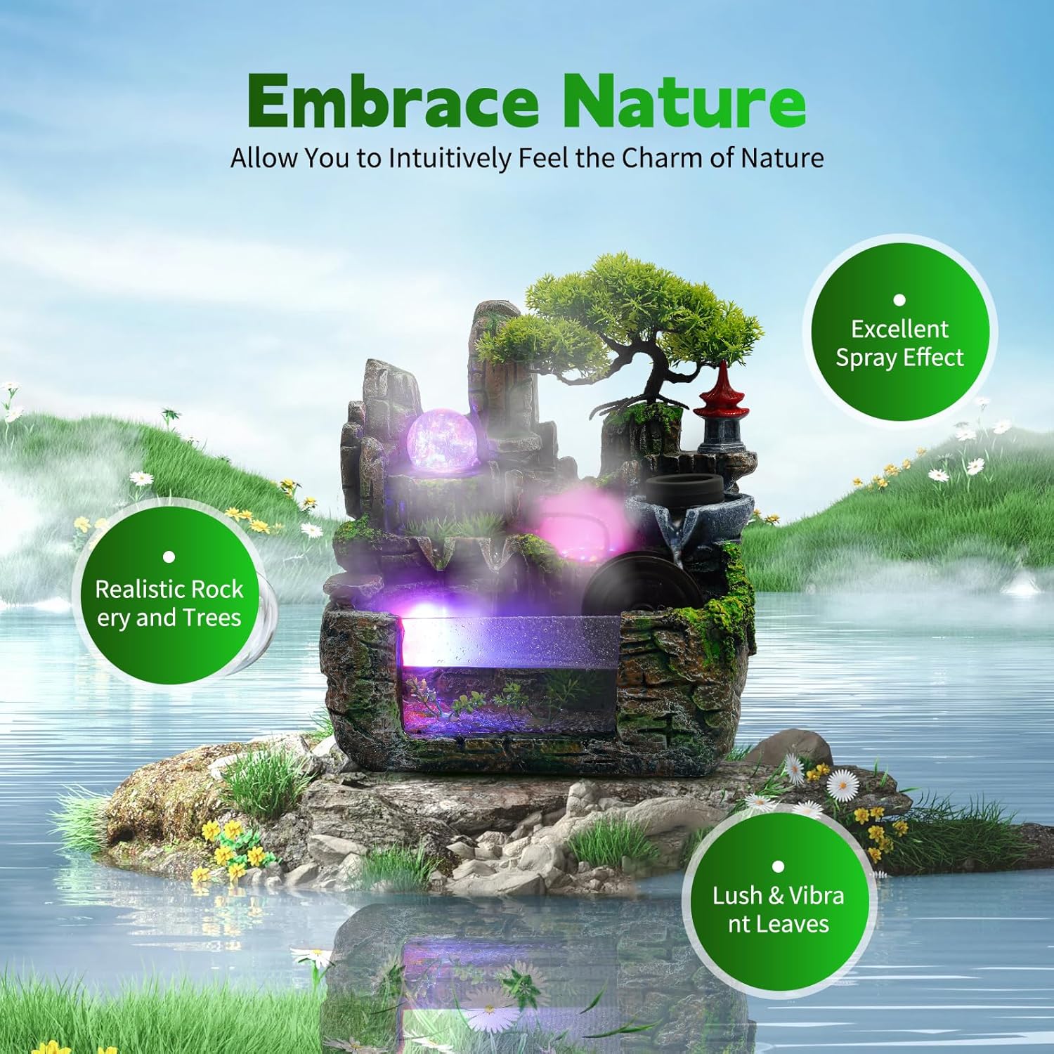 Kaichenyt Desktop Rockery Water Fountain with LED Light and Atomizer