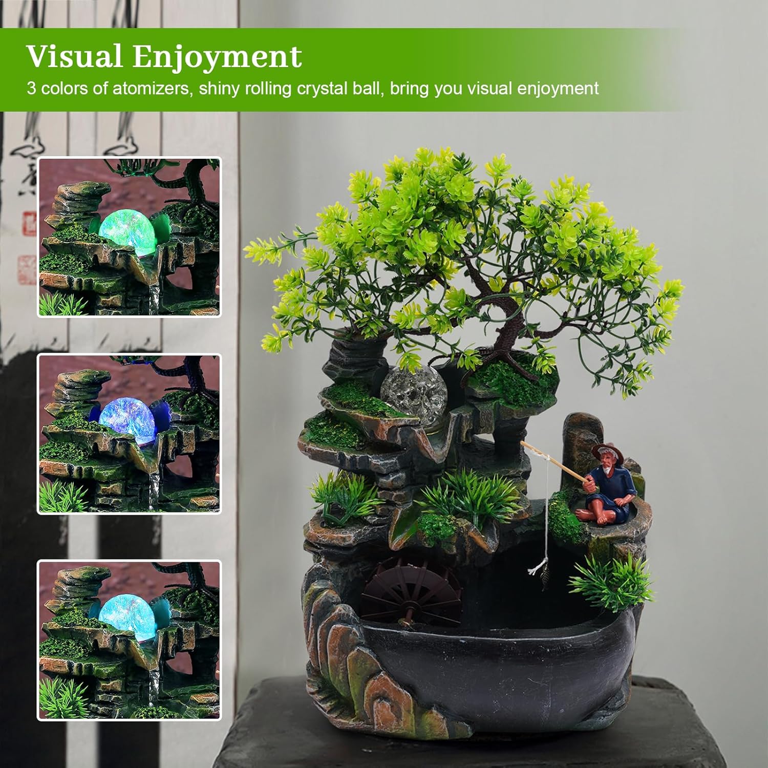 Tabletop Fountain with LED Light and Plants for Home Office and Bedroom