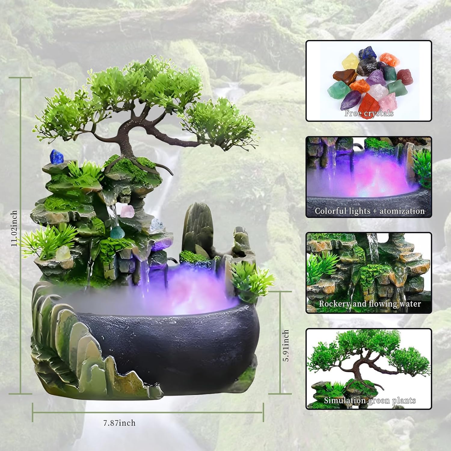 Free 10 PCS Crystal Energy Guard Tabletop Bonsai Fountain with LED Lights