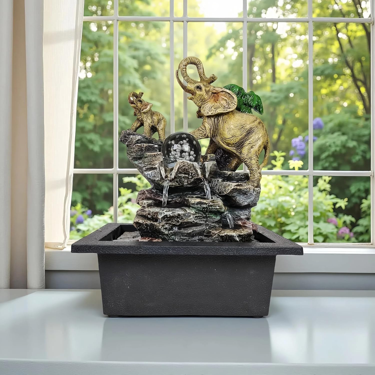 Decorative Elephant Cascade Tabletop Fountain with LED Light 3-Tier Design