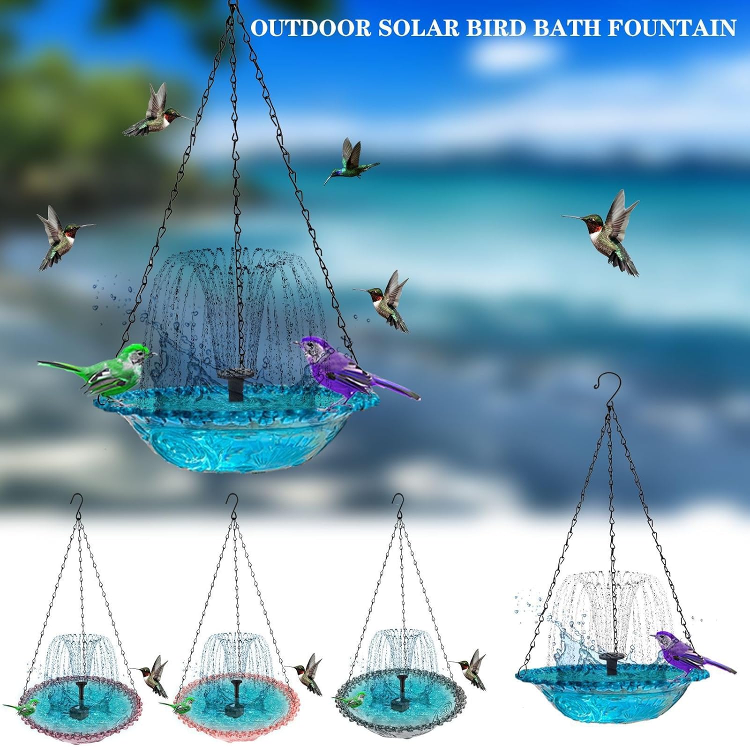 Solar-Powered Hummingbird Bath Fountain Feeder Blue