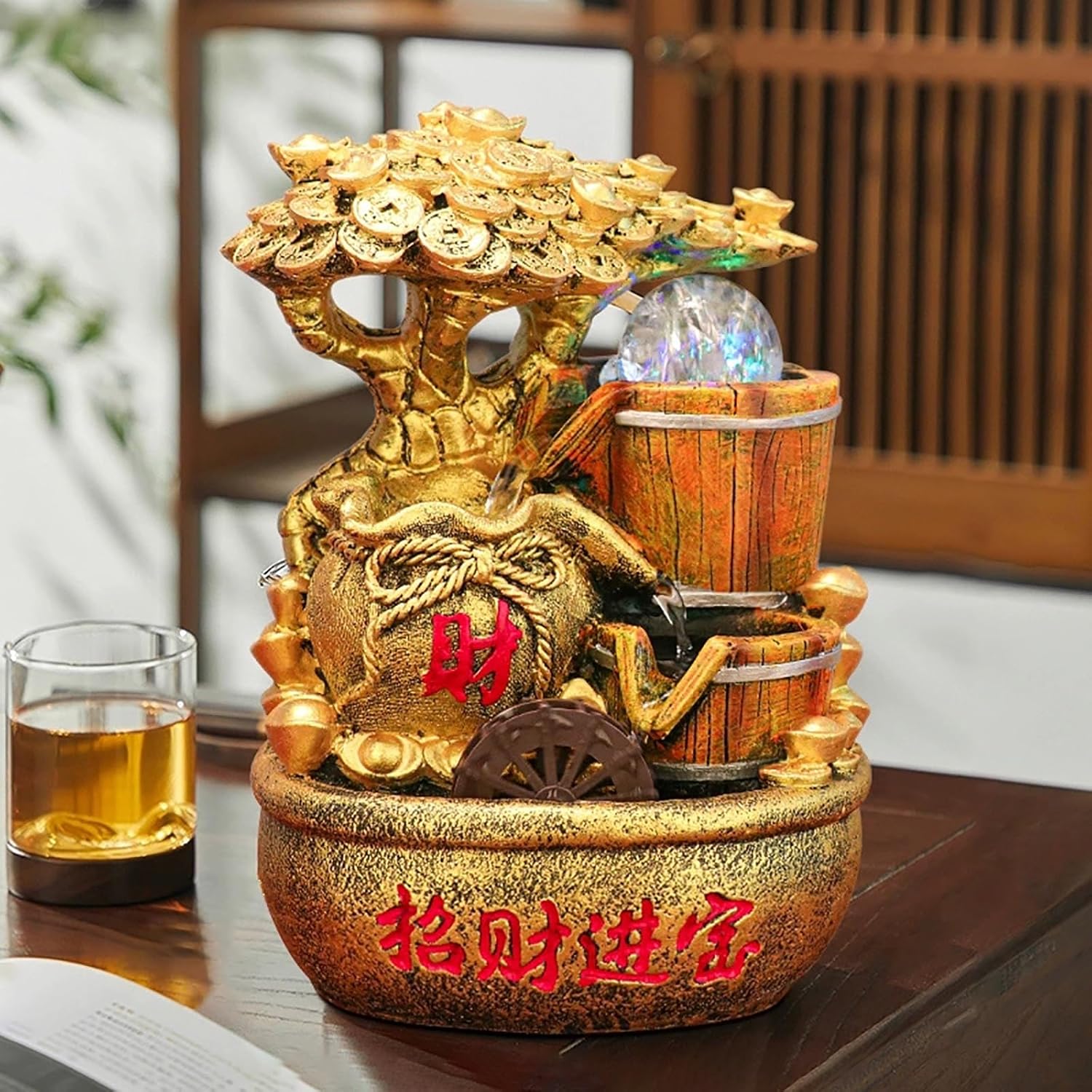 Feng Shui Water Fountain Decor with Money Tree and Light