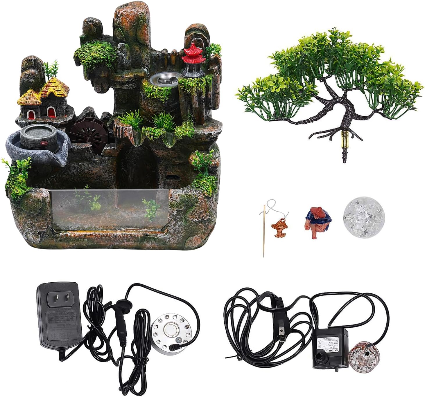 Indoor Water Fountain with LED Light and Fish Tank for Home Office Desk Decor