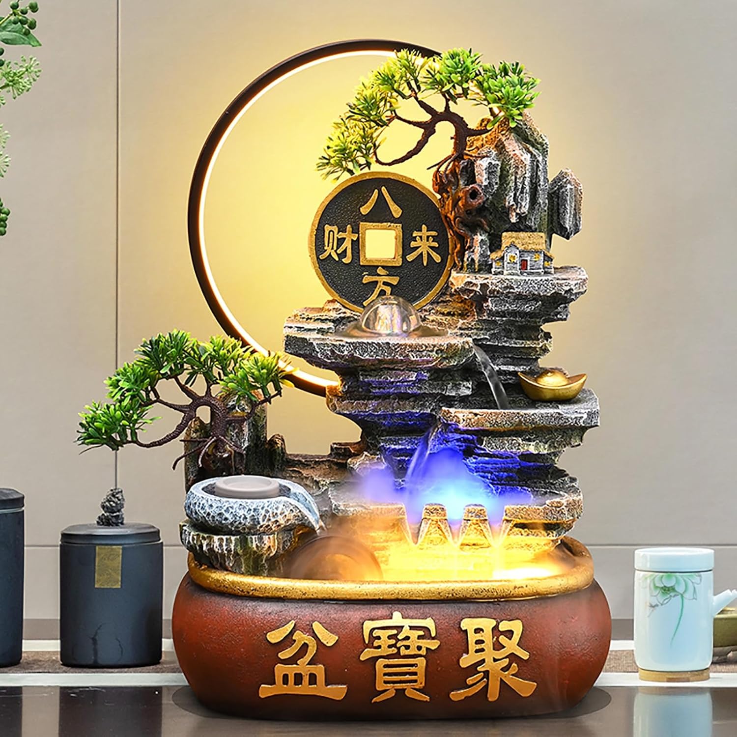 Soothing Waterfall Indoor Fountain with Prosperity Symbol