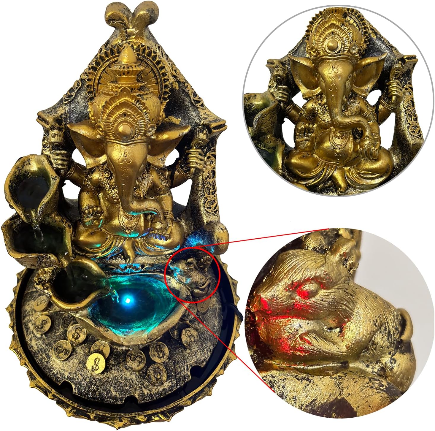 Large Ganesha Statues Indoor Tabletop Fountain with LED Lights and Zen Waterfall