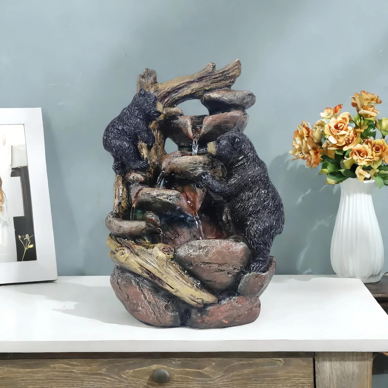 Black Bear Waterfall Tabletop Fountain with Rock Design