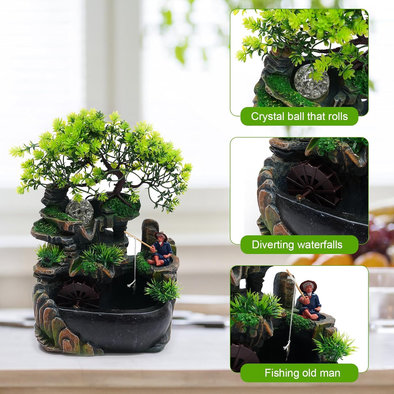 Tabletop Fountain with LED Light and Plants for Home Office and Bedroom