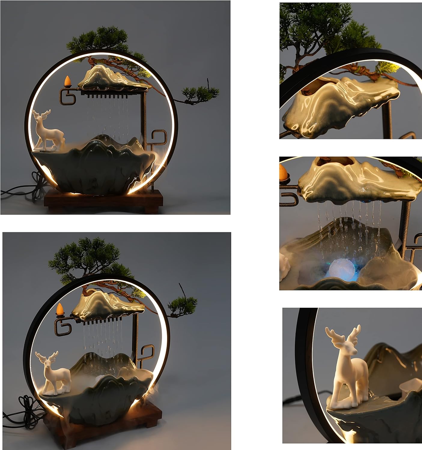 15In Water Fountain Indoor Tabletop Waterfall Humidifier with LED Light and Atomizer