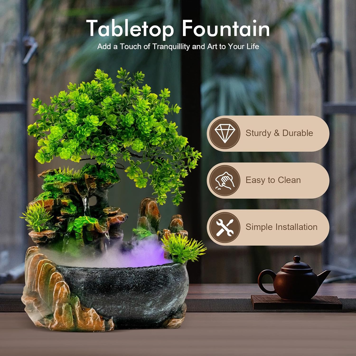 220V Tabletop Water Fountain with LED Light Black Green