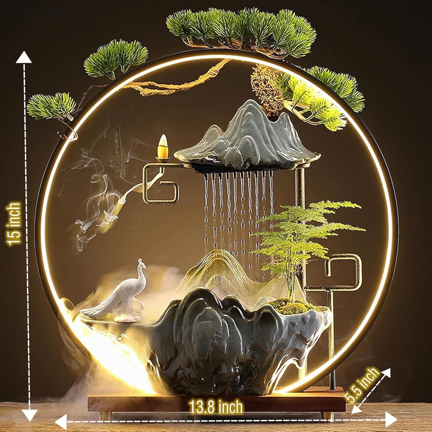 Ceramic Maitreya Buddha Incense Burner with LED Light and Waterfall Feature