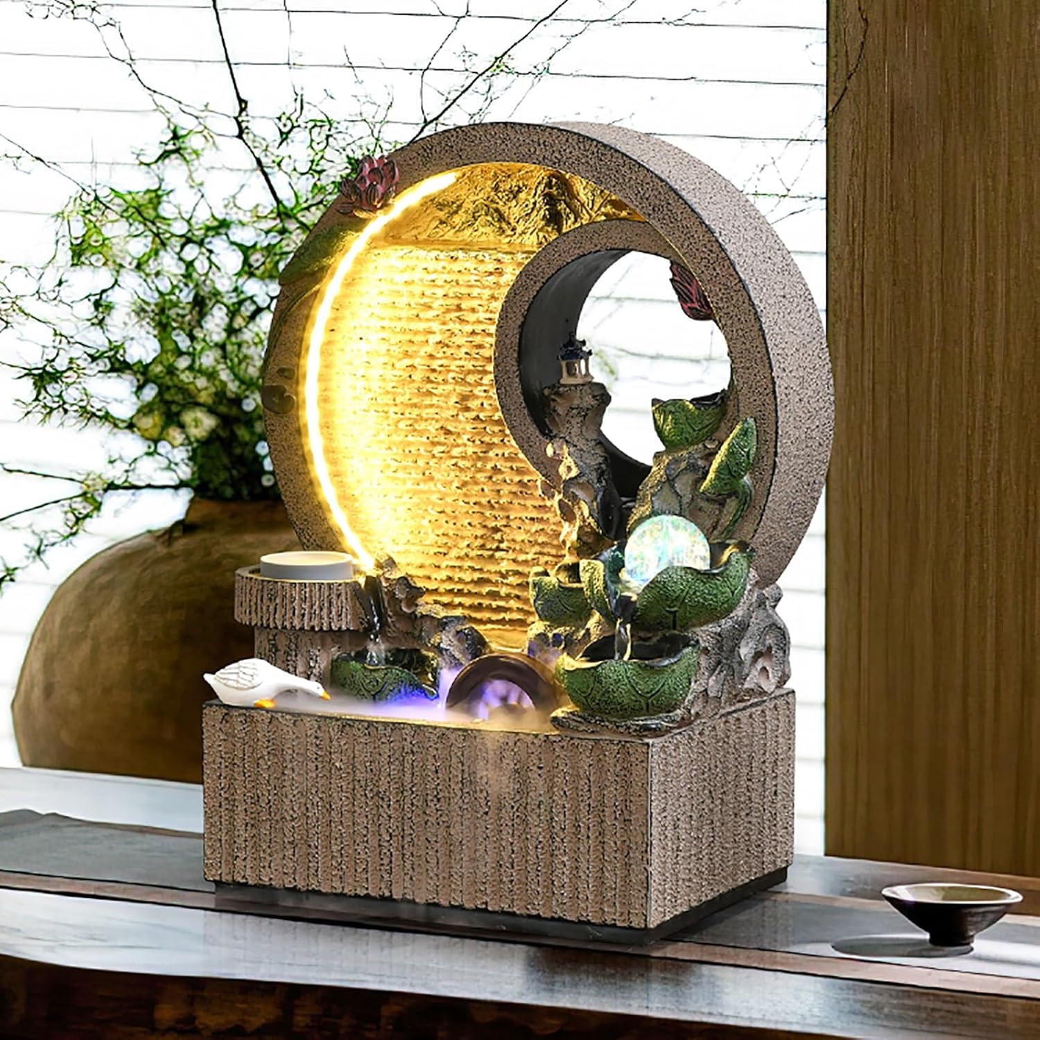 Tabletop Water Fountain with Lights for Home Office Decor
