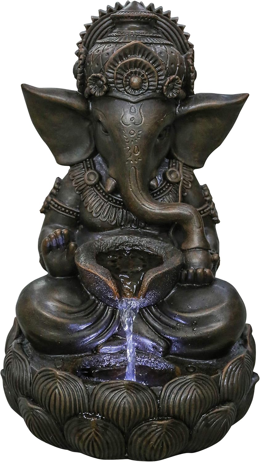Hi-Line Gift Lord Ganesh Sculptural Tabletop Fountain with Cool White LED Lights Brown