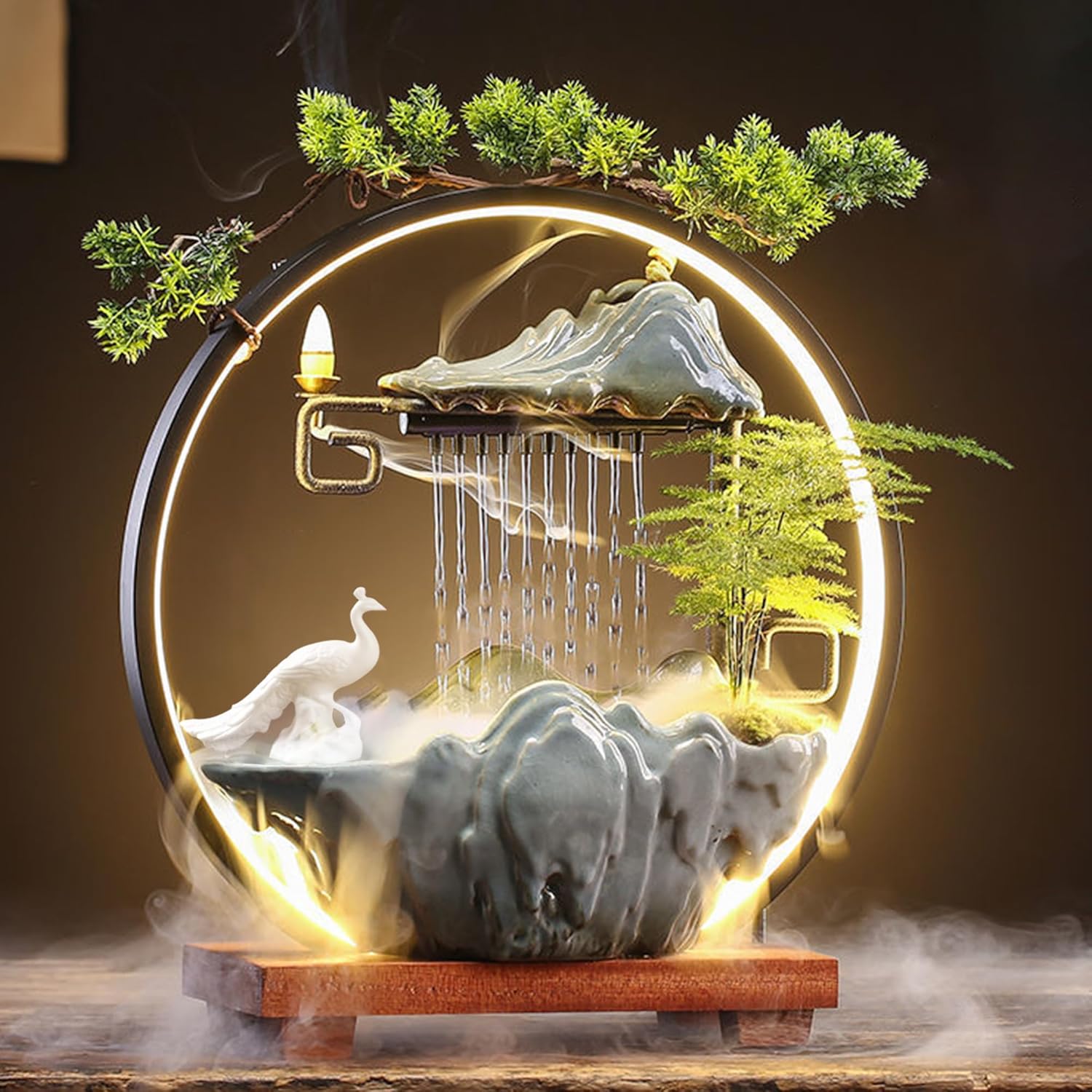 Ceramic Maitreya Buddha Incense Burner with LED Light and Waterfall Feature