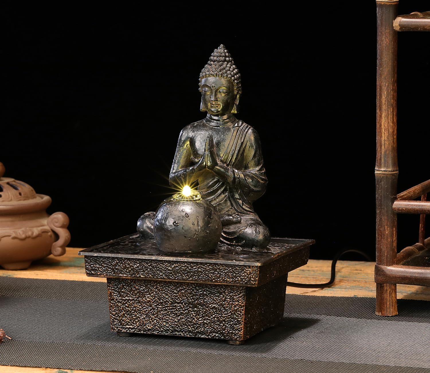Seyee-bro Tabletop Water Fountain Buddha Statue Humidifier Decor