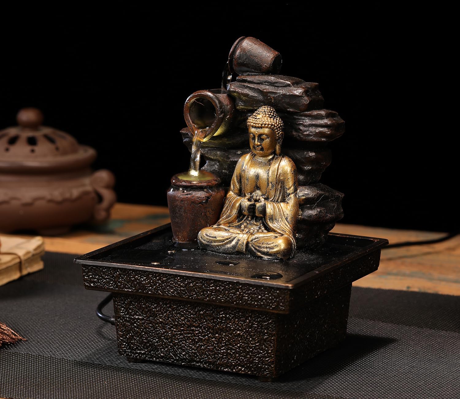 Seyee-bro Tabletop Water Fountain Buddha Statue Humidifier Decor 1