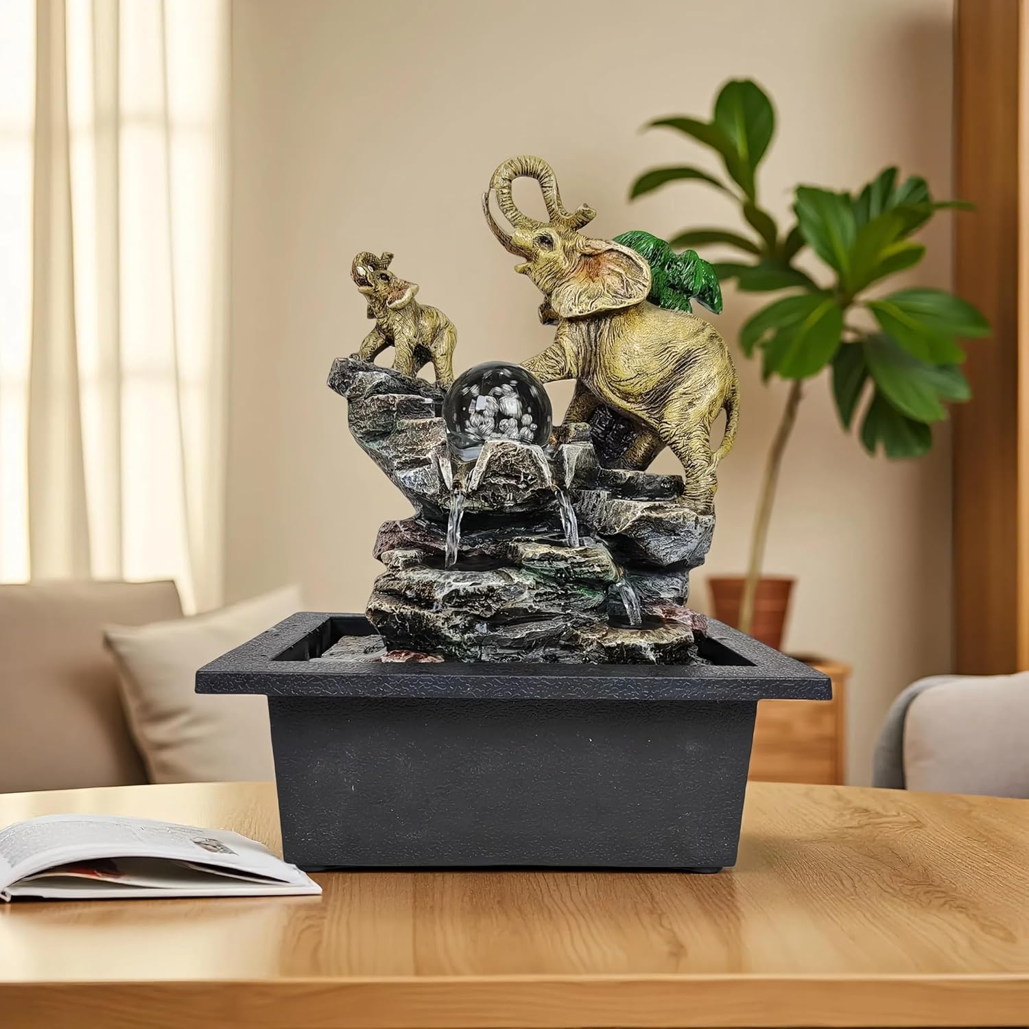 Decorative Elephant Cascade Tabletop Fountain with LED Light 3-Tier Design