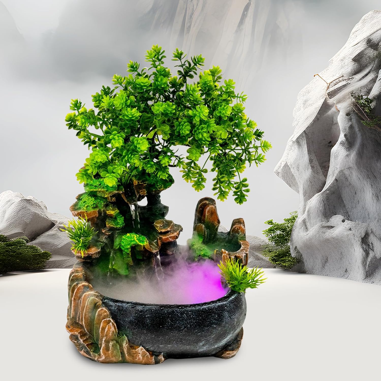 Indoor Rockery Fountain with LED Light and Atomizer