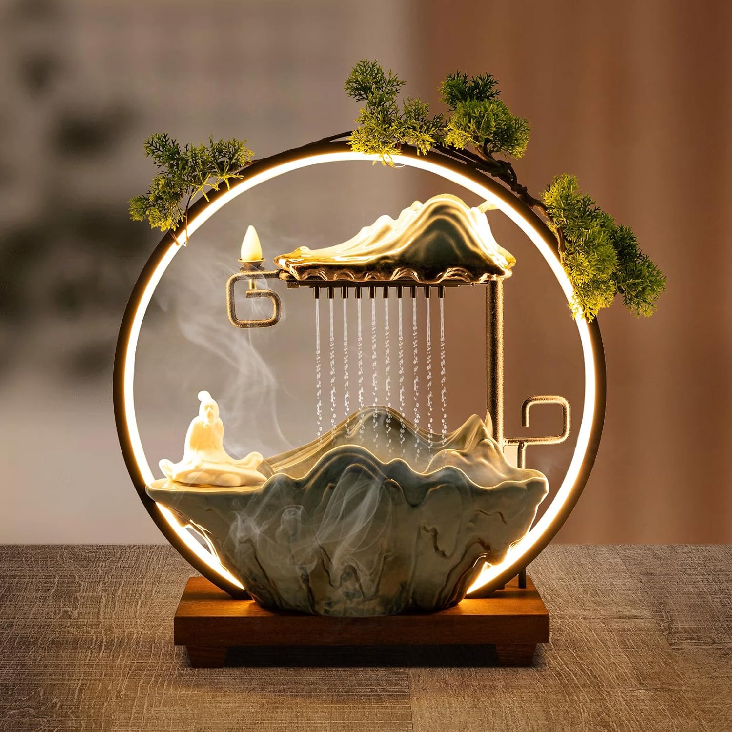 Small Fountain for Table Top - Indoor Waterfall and Fog Led for Good Fortune