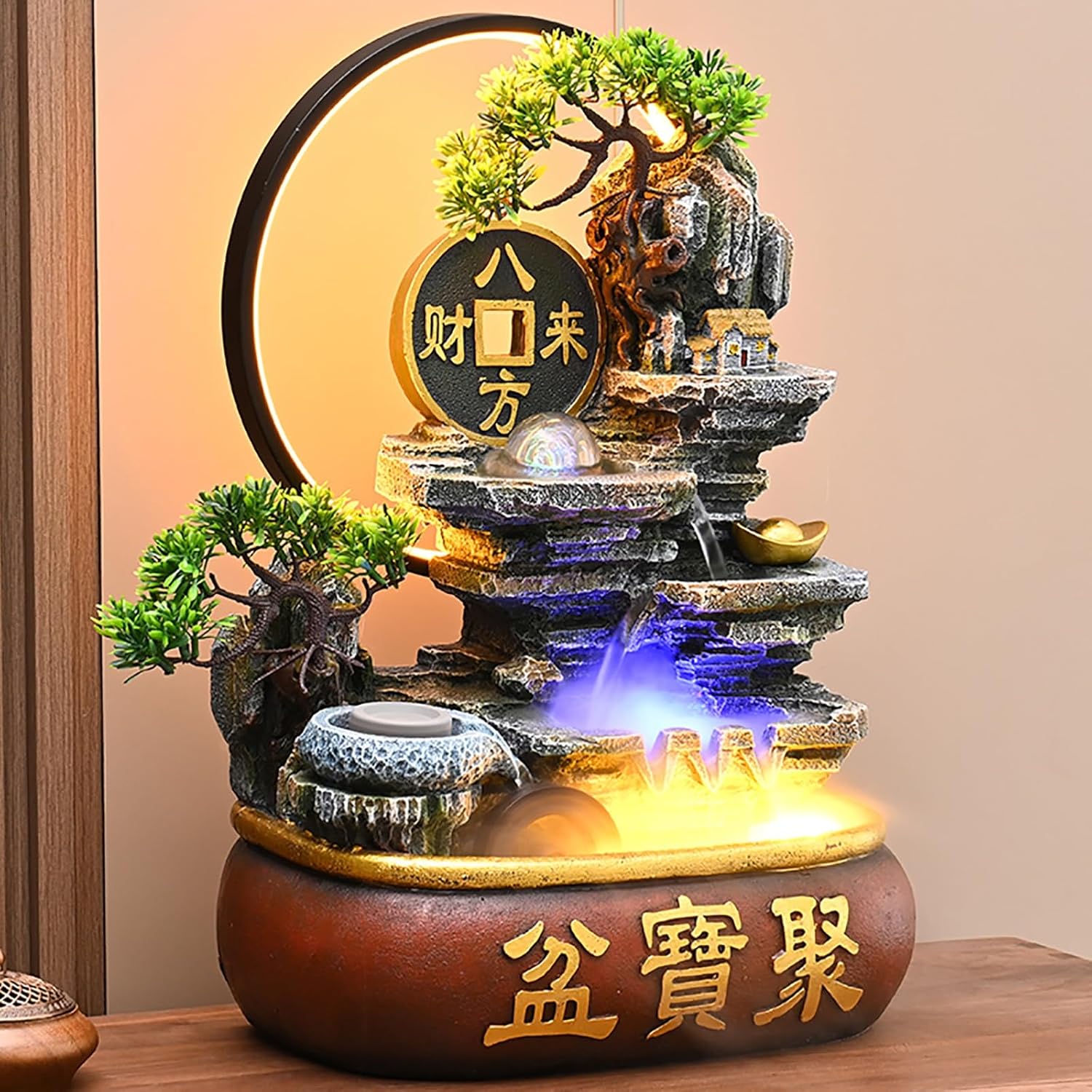 Soothing Waterfall Indoor Fountain with Prosperity Symbol