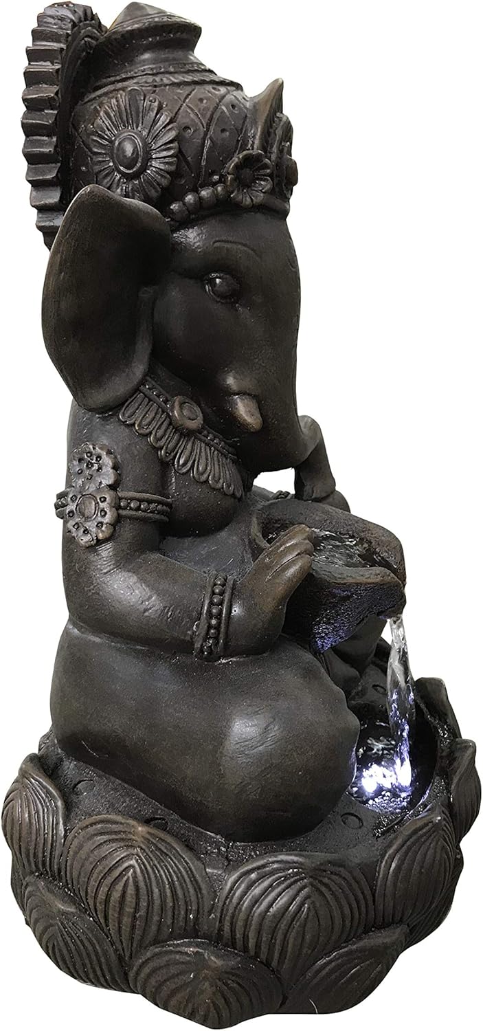 Hi-Line Gift Lord Ganesh Sculptural Tabletop Fountain with Cool White LED Lights Brown