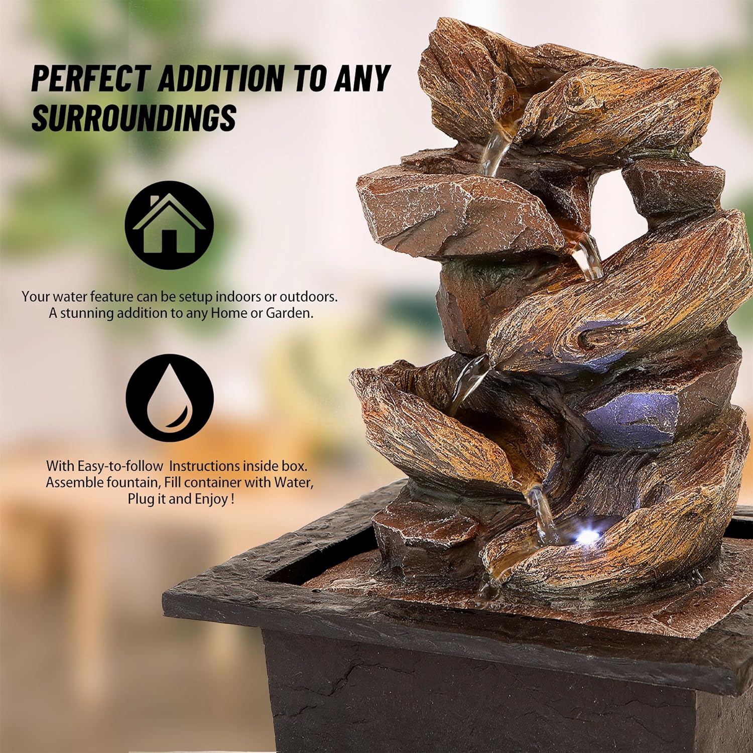 FathersDen 11-Inch Tabletop Waterfall Fountain with LED Light