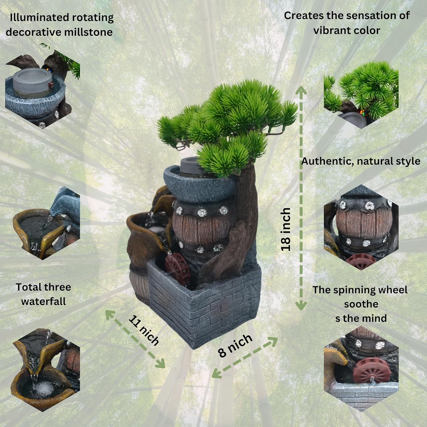 145 Inch Tabletop Water Fountain with Bonsai and 3 Tier Rock Garden