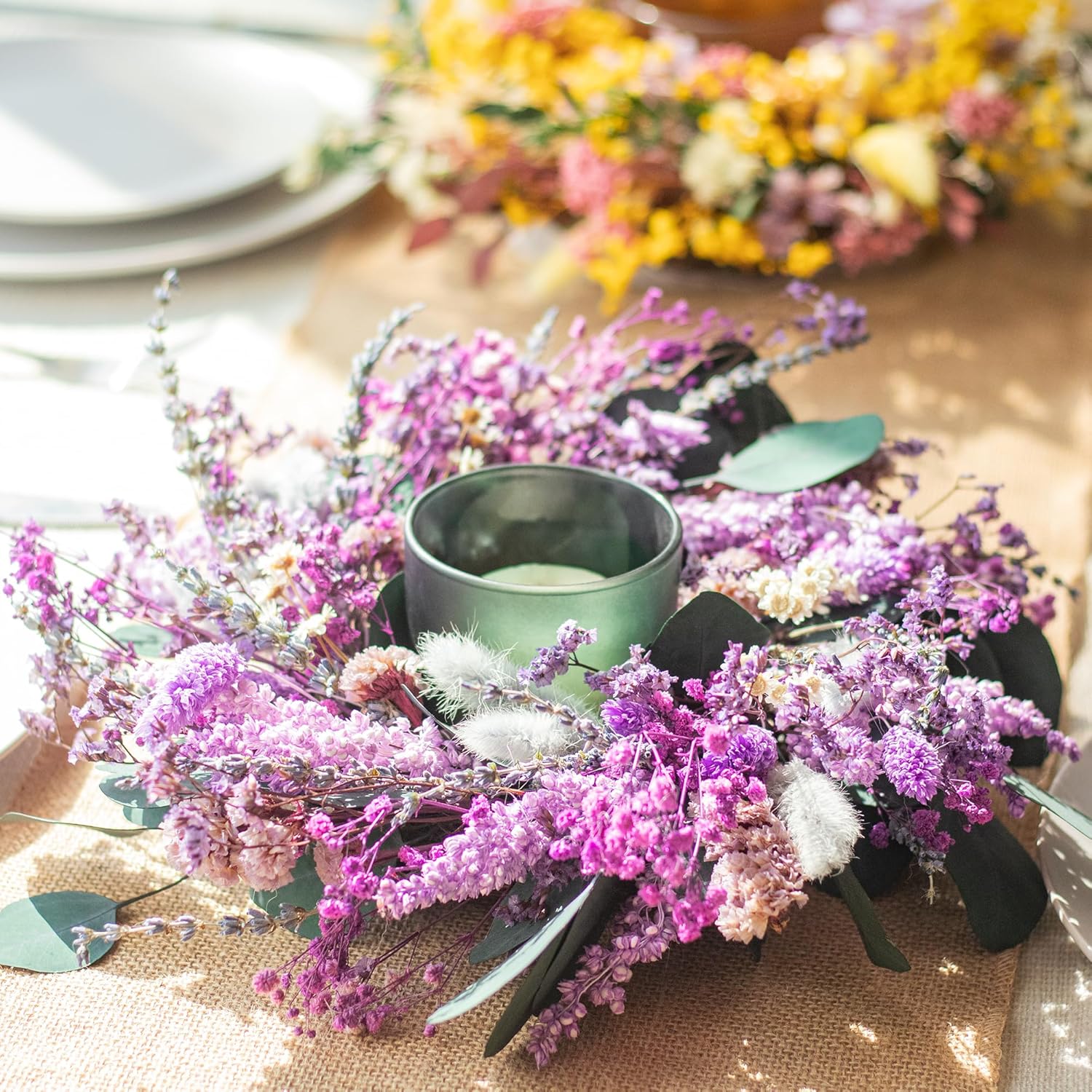 KI Store Purple Lavender Wreath 10-Inch Natural Dried Flowers Table Centerpiece