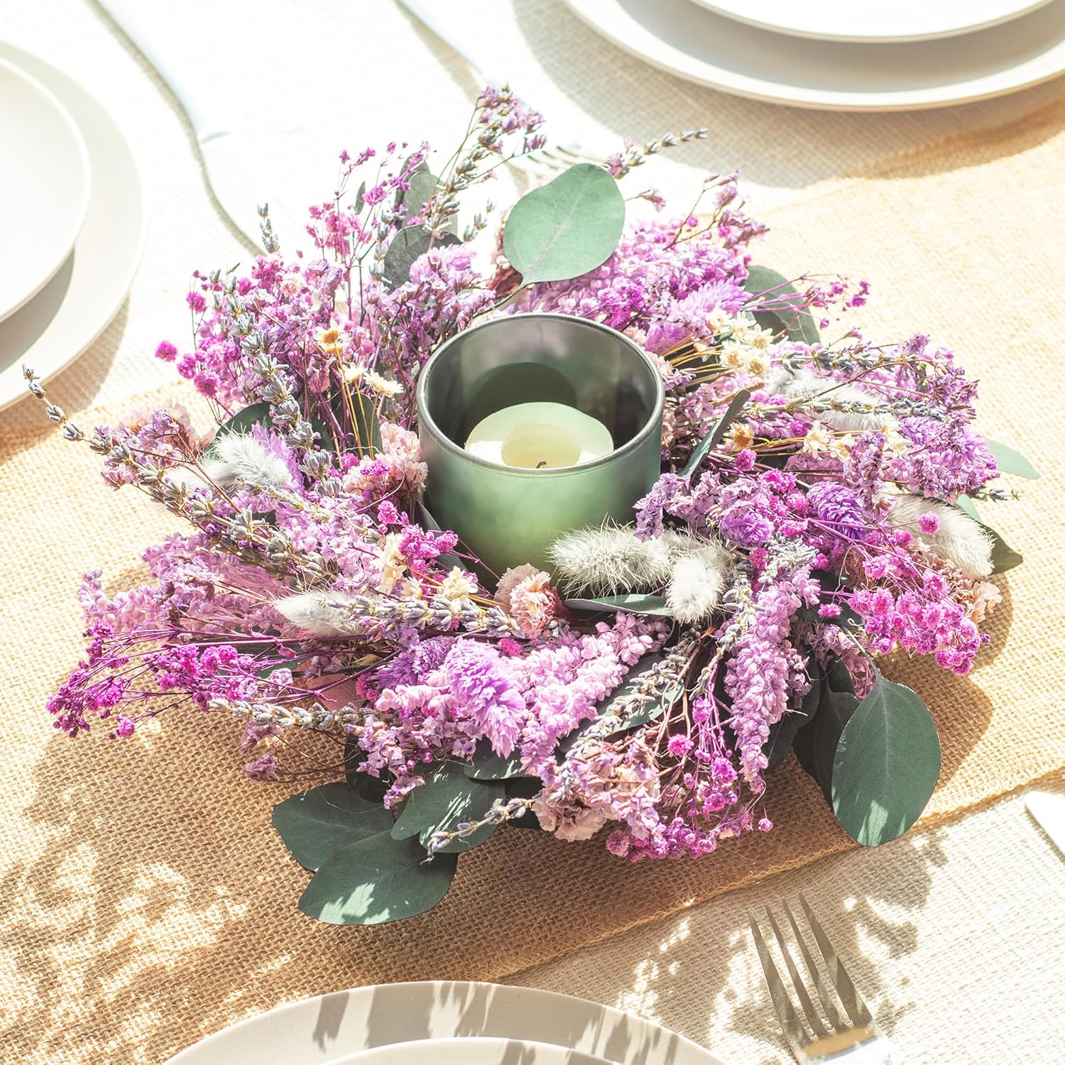 KI Store Purple Lavender Wreath 10-Inch Natural Dried Flowers Table Centerpiece